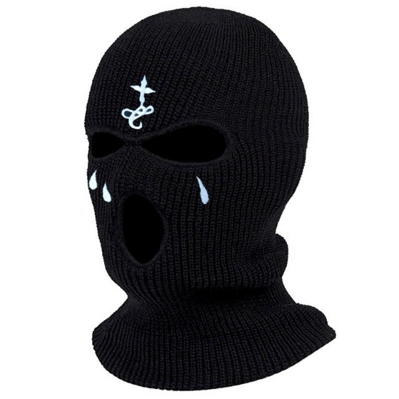 Cross Embroidery Ski Mask Winter Balaclava Hat 3-Hole Knitted Full Face Cover Ski Neck Gaiter Warm Knit Beanie For Outdoor Sport