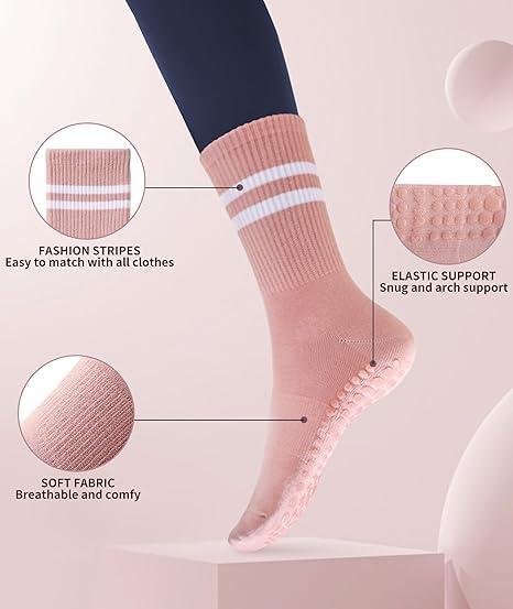 Pilates Socks with Grips for Women, Non Slip Barre Hospital Socks, 6-Pairs, Ballet Inspired Design