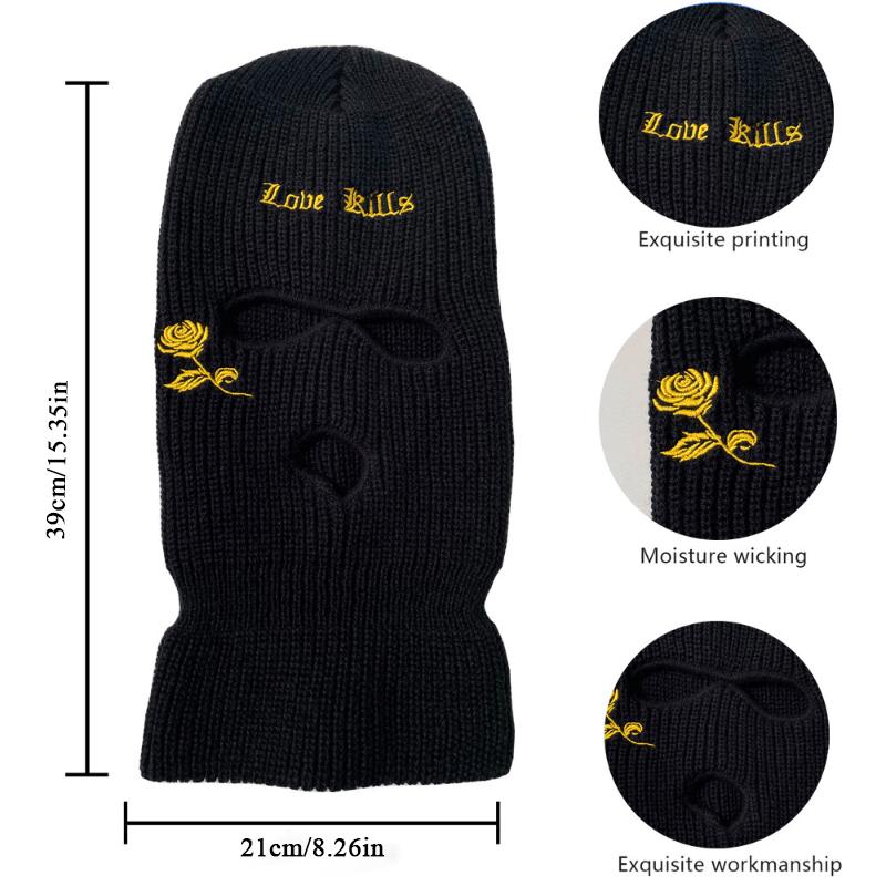 Cross Embroidery Ski Mask Winter Balaclava Hat 3-Hole Knitted Full Face Cover Ski Neck Gaiter Warm Knit Beanie For Outdoor Sport