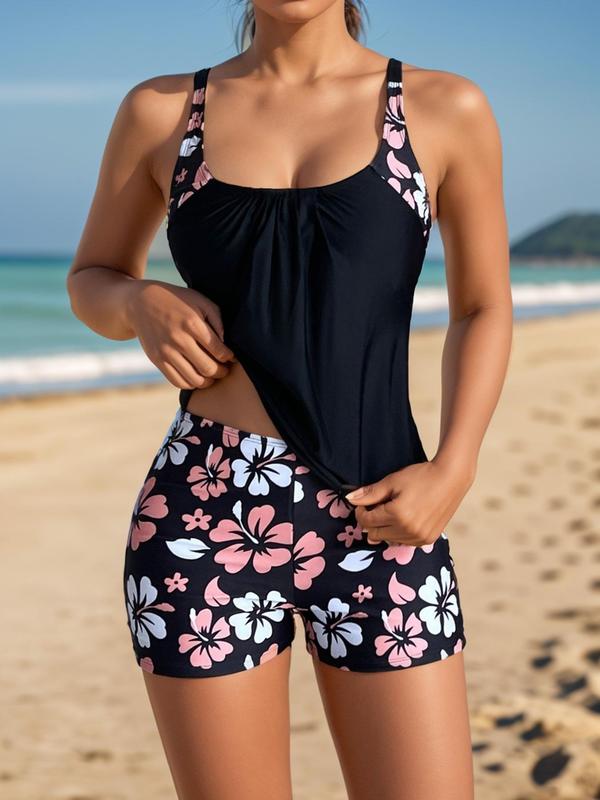 Women's Floral Print Ruched Tankini Set, Adjustable Strap U Neck Swim Top & High Waist Swim Shorts, Two-piece Swimsuit for Summer Beach Holiday Vacation