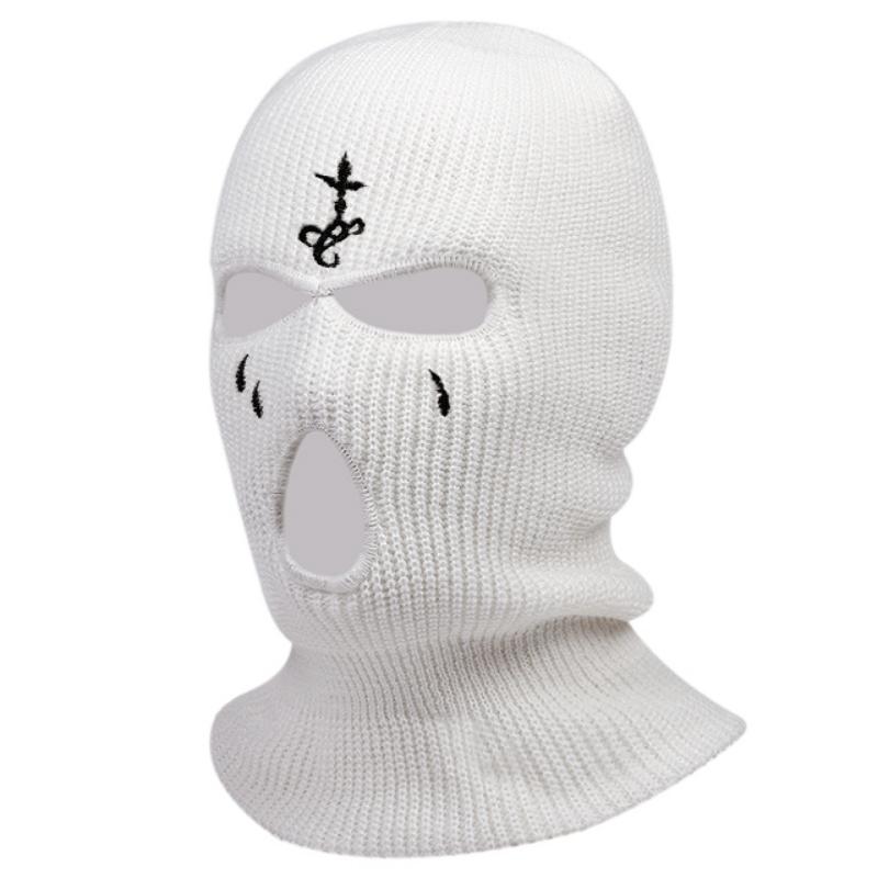 Cross Embroidery Ski Mask Winter Balaclava Hat 3-Hole Knitted Full Face Cover Ski Neck Gaiter Warm Knit Beanie For Outdoor Sport