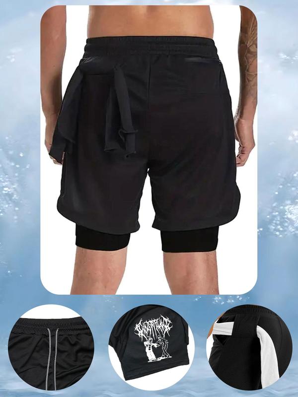 Sporty Men's Cartoon Graphic 2-in-1 Sports Shorts, Gym Shorts, Sports Drawstring Pocket Shorts, Basketball Shorts, Sport & Outdoor Clothing for Men, Gym Clothing