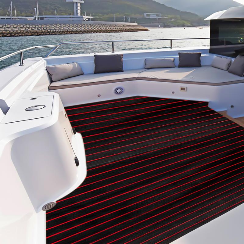 EVA Faux Teak Boat Deck Mat - Non-Slip Plastic Wood Flooring for Yachts and RVs with Black and Red Stripes