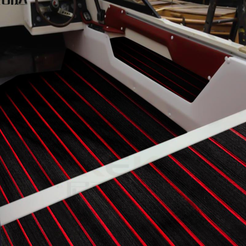 EVA Faux Teak Boat Deck Mat - Non-Slip Plastic Wood Flooring for Yachts and RVs with Black and Red Stripes