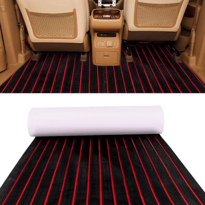 EVA Faux Teak Boat Deck Mat - Non-Slip Plastic Wood Flooring for Yachts and RVs with Black and Red Stripes