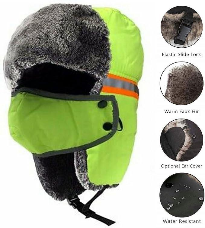 High Visiibility Reflective Safety Winter Ski Fur Hat Aviator  Russian Hat Trapper Hat