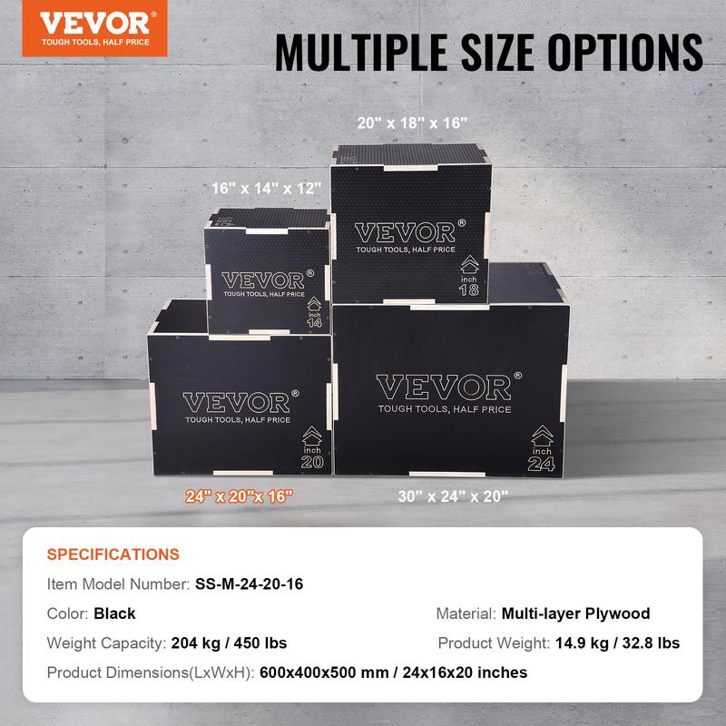 VEVOR 3 in 1 Plyometric Jump Box, 24 20 16 Inch Wooden Plyo Box, Platform & Jumping Agility Box, Anti-Slip Fitness Exercise Step Up Box for Home Gym Training, Conditioning Strength Training, Black