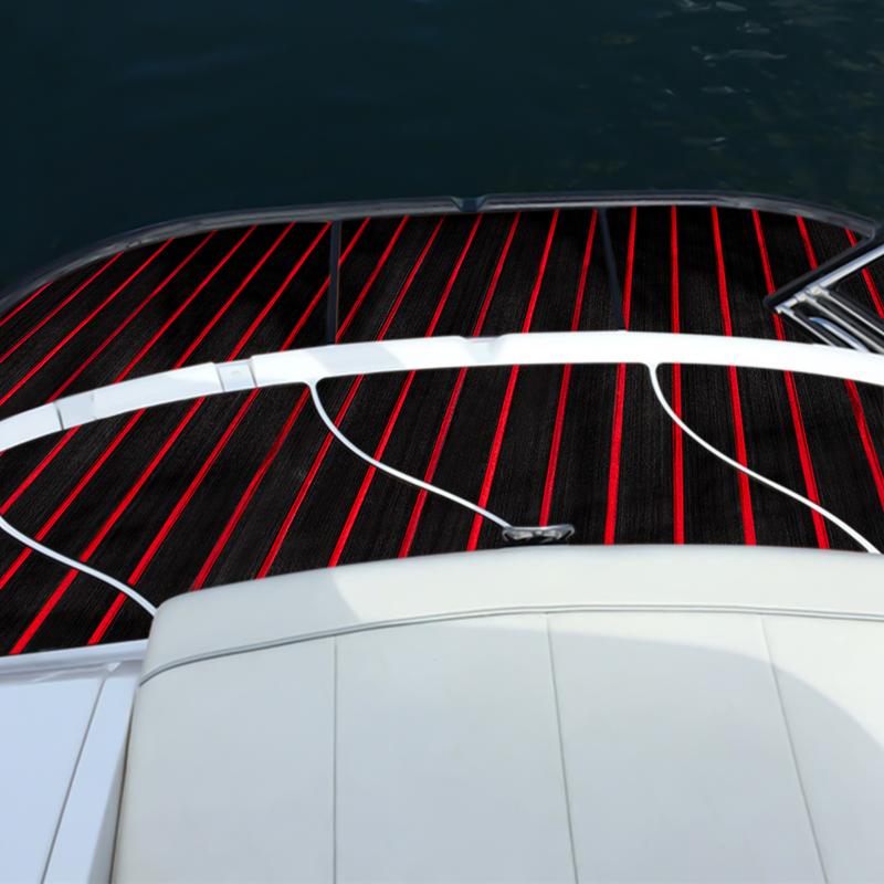 EVA Faux Teak Boat Deck Mat - Non-Slip Plastic Wood Flooring for Yachts and RVs with Black and Red Stripes