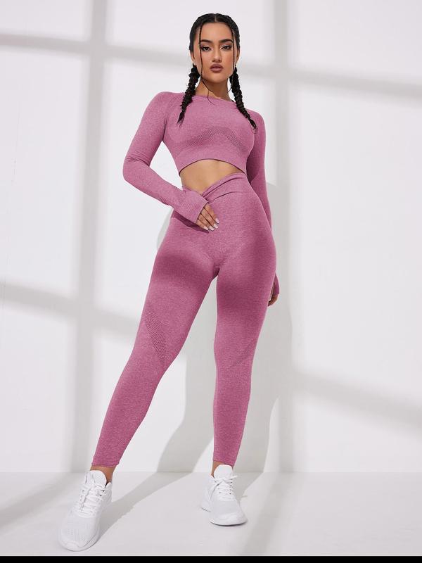 Sporty Women's Cut Out Thumb Hole Crop Tee & High Waist Leggings Tracksuit Set, Jogging Suit Set, Women Clothing, Sport Solid Outfits for Yoga Gym Workout, Ladies Spring & Fall Clothes, Gym Clothes, 2 Piece Sets Women