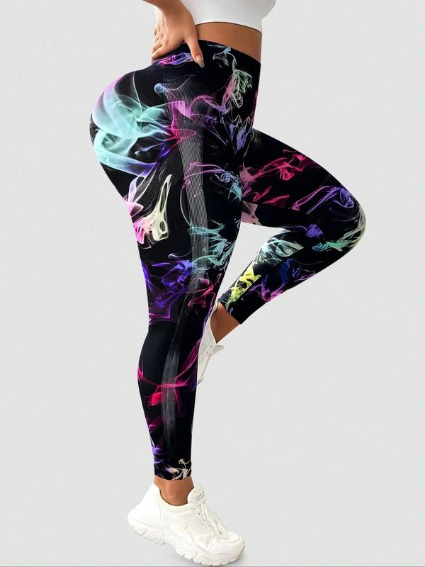 Plus Size All Over Print Sports Tummy Control Leggings, Sporty High Stretch Seamless Yoga Leggings, Ladies Sportswear for Indoor Outdoor Wear