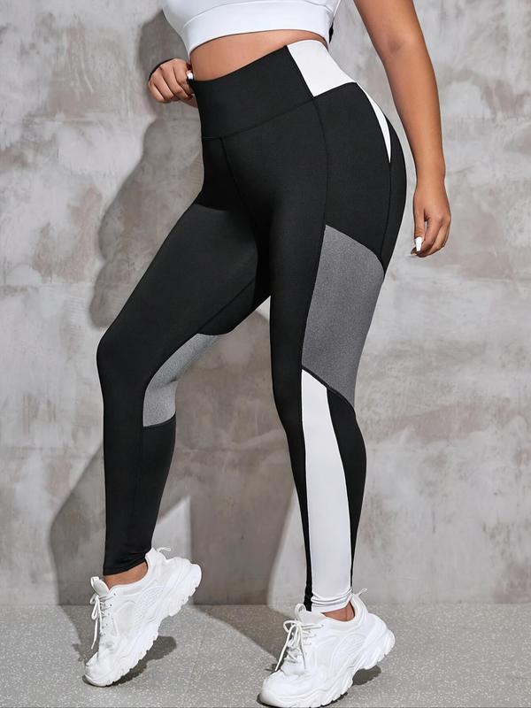 Plus Size Colorblock High Waist Sports Tummy Control Leggings, Tight-fitting High Stretch Seamless Yoga Leggings, Ladies Sportswear for Indoor Outdoor Wear