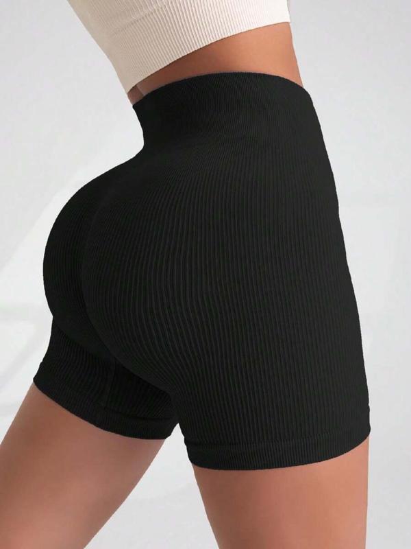 Women's Solid High Waist Ribbed Sports Gym Shorts, Sporty Wide Waistband Skinny Shorts, Gym Shorts, Ladies Sportswear for Indoor Outdoor Wear, Gym Shorts for Women