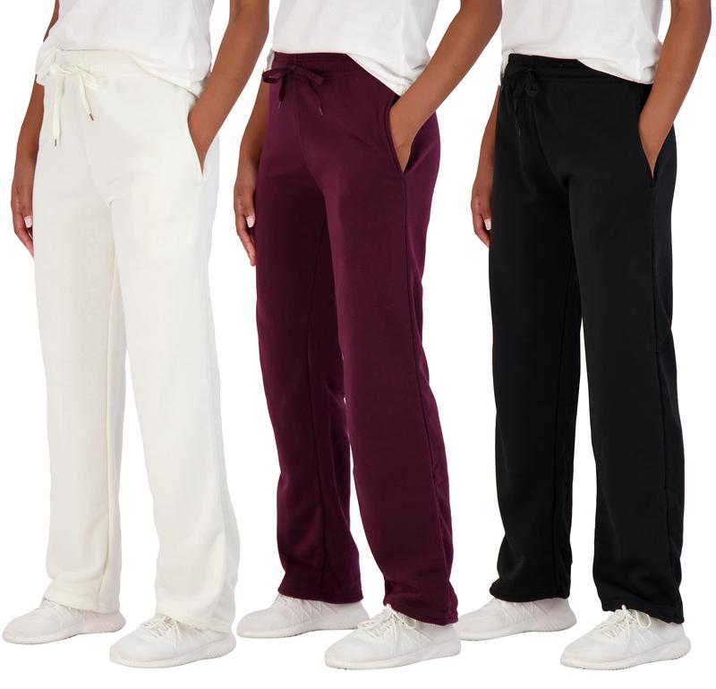 Real Essentials 3 Pack: Women's Relaxed Fit Fleece Open Bottom Sweatpants - Casual Athleisure (Available in Plus)