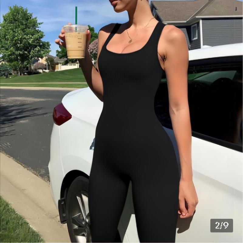 Women's Jumpsuits Seamless Ribbed Square Neck One Piece Yoga Workout Sleeveless Rompers Sexy Tank Top 02 Women's Backless