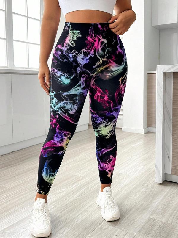 Plus Size All Over Print Sports Tummy Control Leggings, Sporty High Stretch Seamless Yoga Leggings, Ladies Sportswear for Indoor Outdoor Wear