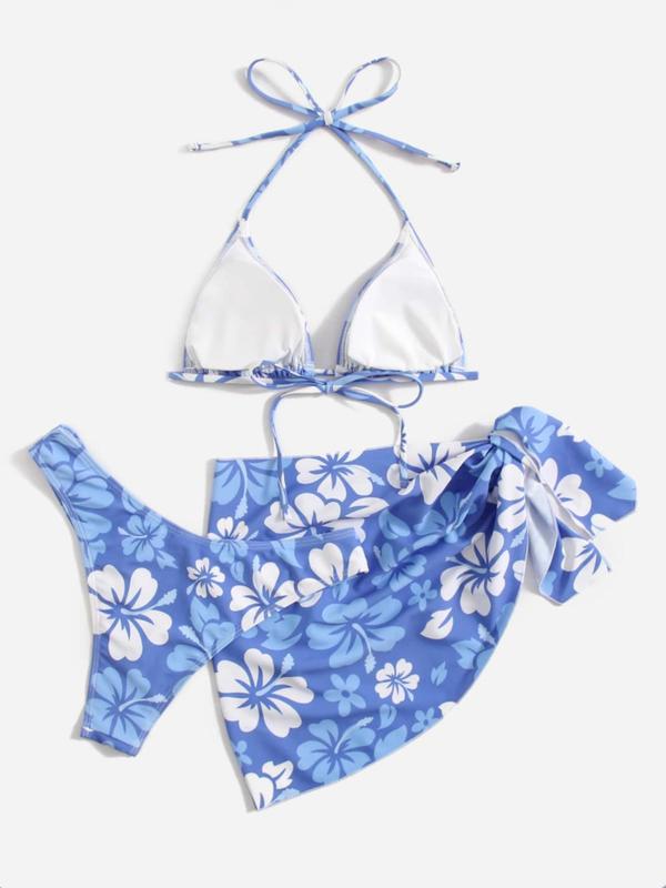 Three-piece Set Women's Floral Print Halter Bikini Set, Tie Back Triangle Swim Bra & Swim Panty & Cover Up Skirt Set, Three-piece Swimsuit for Beach Holiday Vacation