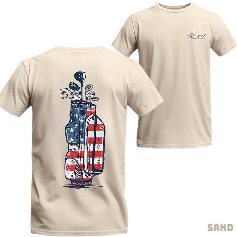 Barstool Golf T-Shirt - Creative American Flag Design with Golf Clubs, Perfect for Golf Enthusiasts and Sporty Style Fans.