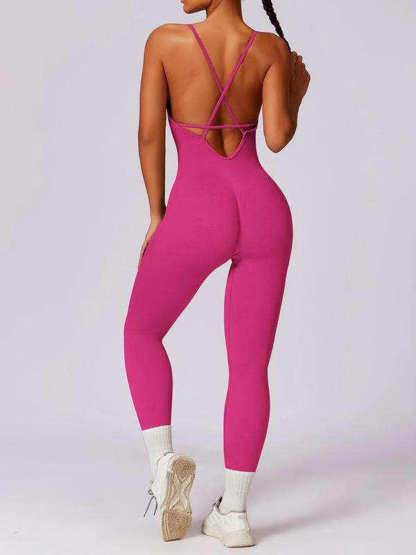 Women's Criss Cross Backless Sports Jumpsuit, Sporty Solid Color High Stretch Jumpsuit, Ladies Sportswear for Yoga Gym Workout Running