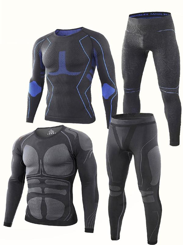 Men's Long Sleeve Compression Top & Leggings Thermal Skiing Underwear Set, Sporty Tight Top & Leggings, Skiing Set, Men's Warm Sportswear for Fall & Winter, Winter Coats, Gym Clothing