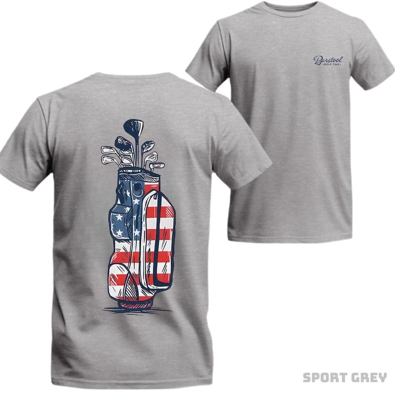 Barstool Golf T-Shirt - Creative American Flag Design with Golf Clubs, Perfect for Golf Enthusiasts and Sporty Style Fans.