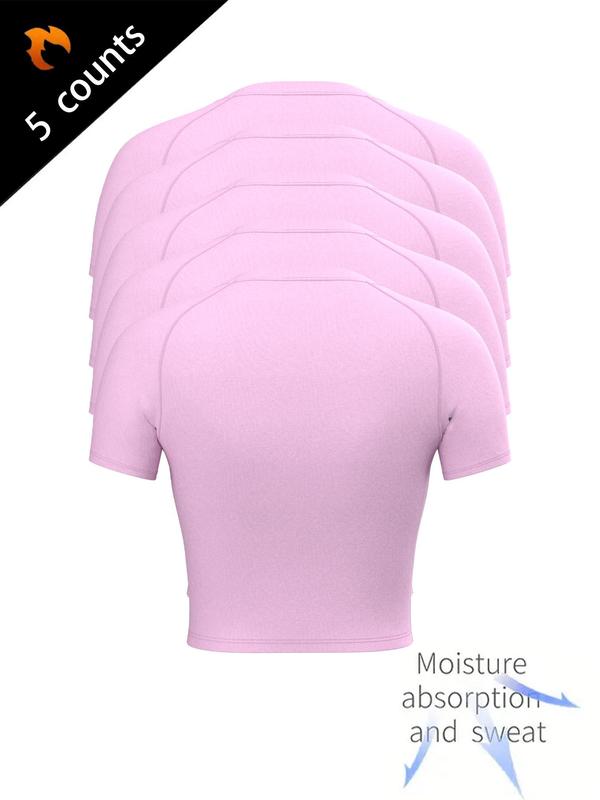 Women's Solid Raglan Sleeve Crop Sports Tee, Quick Drying Breathable Round Neck T-shirt for Yoga Gym Workout, Ladies Sportswear for All Seasons