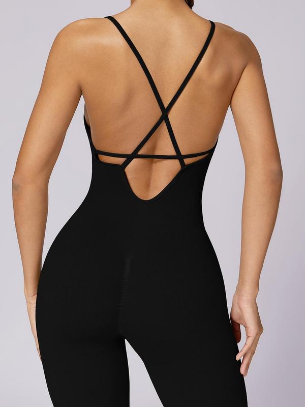 Women's Criss Cross Backless Sports Jumpsuit, Sporty Solid Color High Stretch Jumpsuit, Ladies Sportswear for Yoga Gym Workout Running