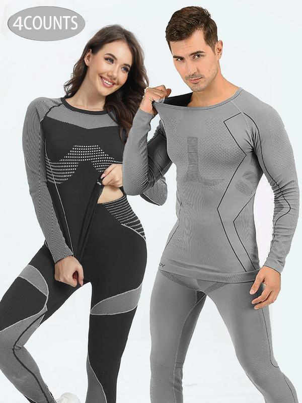 Men's Long Sleeve Compression Top & Leggings Thermal Skiing Underwear Set, Sporty Tight Top & Leggings, Skiing Set, Men's Warm Sportswear for Fall & Winter, Winter Coats, Gym Clothing