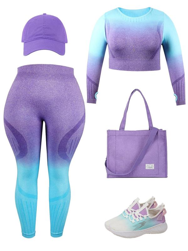 Plus Size Ombre Print Thumb Hole Crop Tee & Leggings Tracksuit Set, Long Sleeve Round Neck Top & Skinny Pants for Gym Workout Running, Women's Sportswear for All Seasons