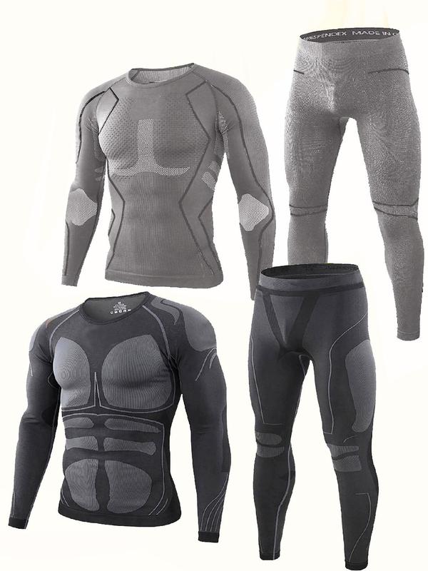 Men's Long Sleeve Compression Top & Leggings Thermal Skiing Underwear Set, Sporty Tight Top & Leggings, Skiing Set, Men's Warm Sportswear for Fall & Winter, Winter Coats, Gym Clothing