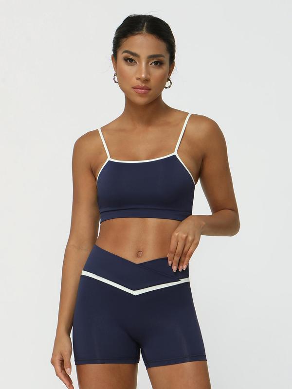 Women's Contrast Binding Crop Sports Bra & Natural Waist Shorts Sports Set, Sleeveless Spaghetti Strap Crop Top & High Stretch Shorts, Workout Gym Yoga Exercise Clothing Set for Women