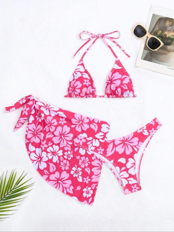 Three-piece Set Women's Floral Print Halter Bikini Set, Tie Back Triangle Swim Bra & Swim Panty & Cover Up Skirt Set, Three-piece Swimsuit for Beach Holiday Vacation