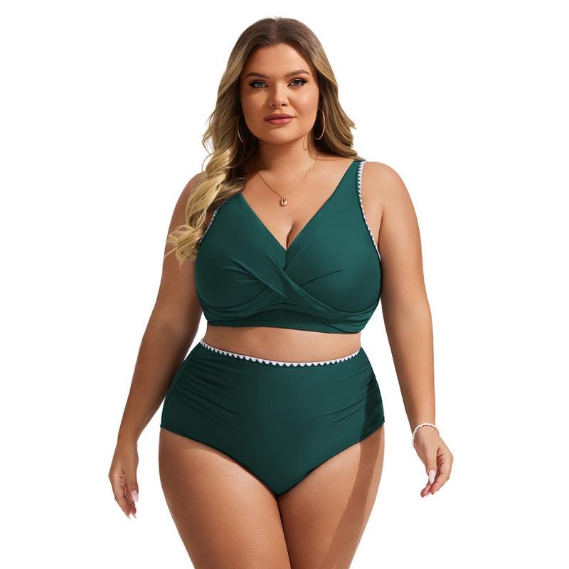 Hanna Nikole Womens Plus Size Bikini Sets Two Piece Swimsuits High Waisted Bathing Suit Shell Edging Tummy Control Swimwear 2024