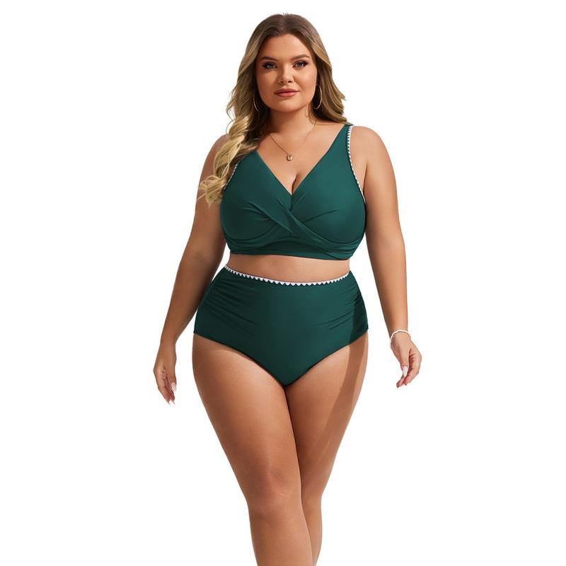 Hanna Nikole Womens Plus Size Bikini Sets Two Piece Swimsuits High Waisted Bathing Suit Shell Edging Tummy Control Swimwear 2024