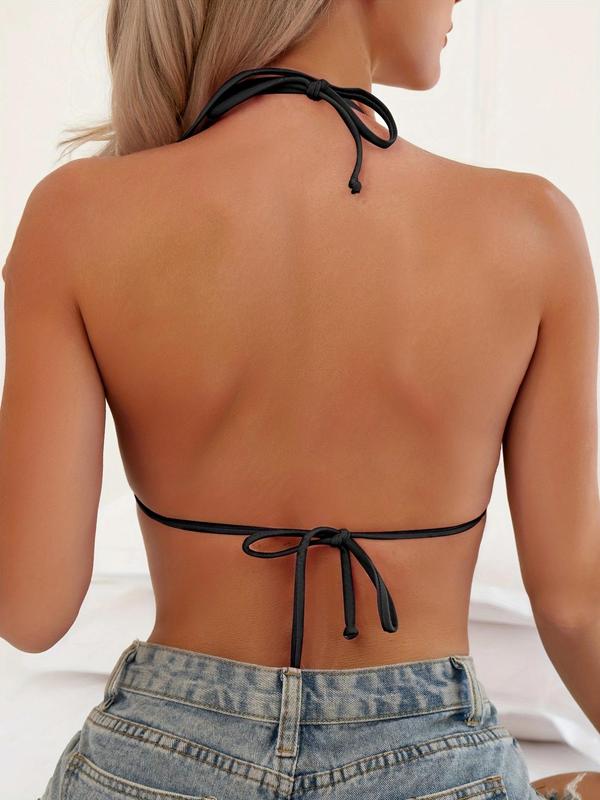 Women's Solid Backless Tie Back Swimwear Top, Casual Halter Triangle Bra for Summer, Ladies Swimwear for Beach Holiday Vacation