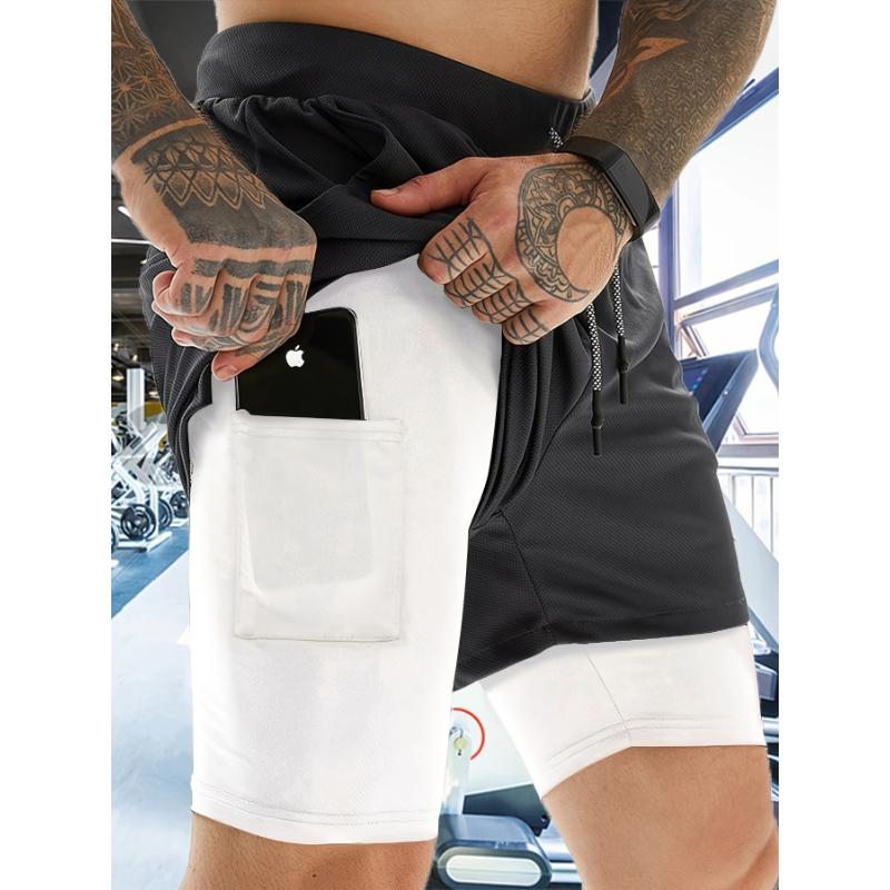 4pcs Quick-drying Men's Double-layer Solid Color Fitness Shorts With Drawstrings, Breathable Sports Training, Outdoor Cloth