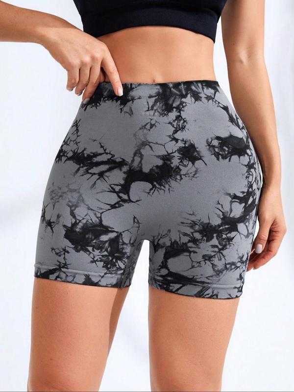 Women's Tie Dye Print Ruched Wide Band Waist Sports Shorts, Gym Shorts, Casual Comfy Breathable High Stretch Skinny Shorts for Yoga Gym Workout Running, Ladies Sportswear