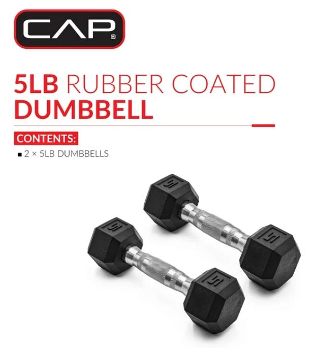 Barbell, 5lb Coated Rubber Hex Dumbbell, Pair