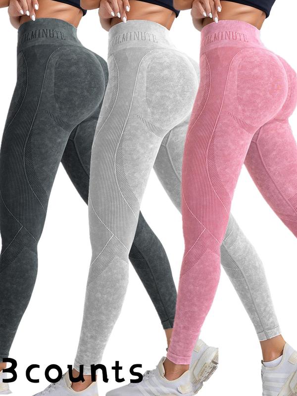 Women's Letter Tape Washed High Waist Sports Leggings, High Stretch Breathable Yoga Leggings, Ladies Sportswear Clothing for Indoor Outdoor Wear