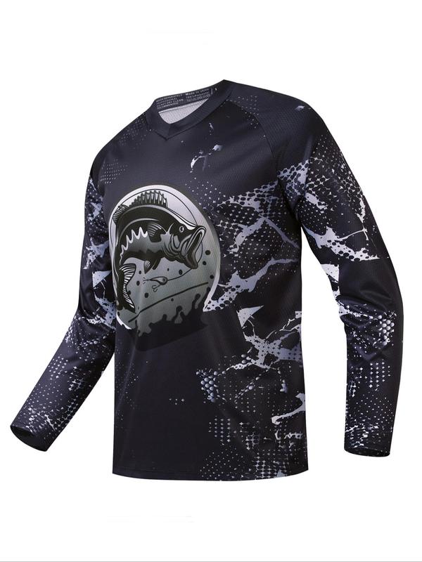 Men's Fish Print Round Neck Sports Tee, Sporty Long Sleeve Crew Neck T-shirt, Men's Sportswear Top for Outdoor Activities