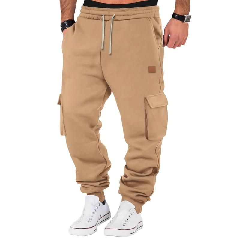 Mens' Comfy Stretch Cargo Joggers - Soft Cotton Blend, Multiple Pockets, Drawstring Waist, Regular Fit, Perfect for Teens, Fall Winter Outdoor Activities, Casual Solid Color Knit Fabric Sweatpants