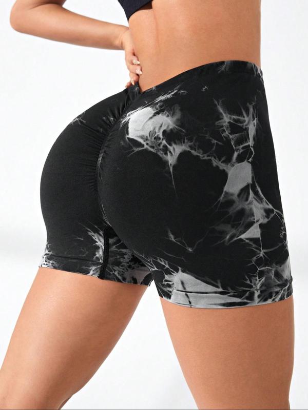 Women's Tie Dye Print Ruched Wide Band Waist Sports Shorts, Gym Shorts, Casual Comfy Breathable High Stretch Skinny Shorts for Yoga Gym Workout Running, Ladies Sportswear