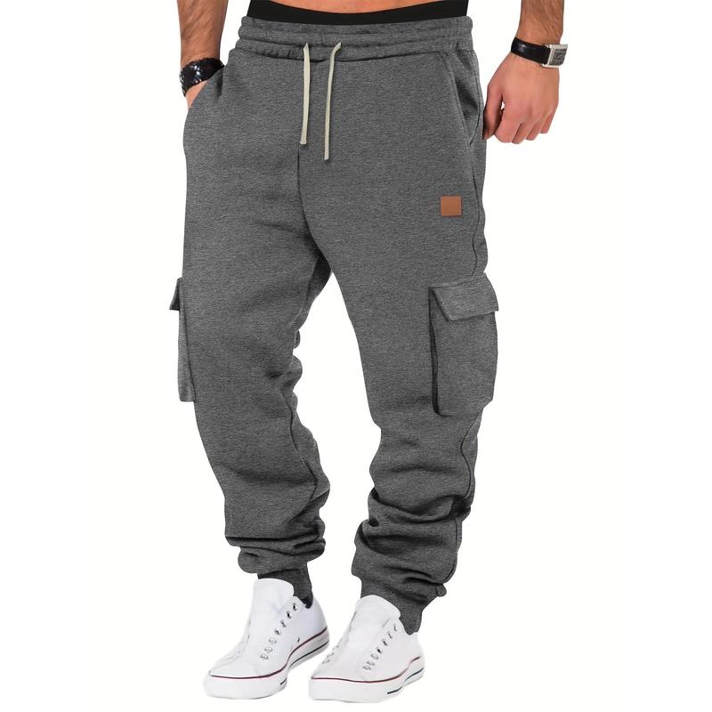 Mens' Comfy Stretch Cargo Joggers - Soft Cotton Blend, Multiple Pockets, Drawstring Waist, Regular Fit, Perfect for Teens, Fall Winter Outdoor Activities, Casual Solid Color Knit Fabric Sweatpants