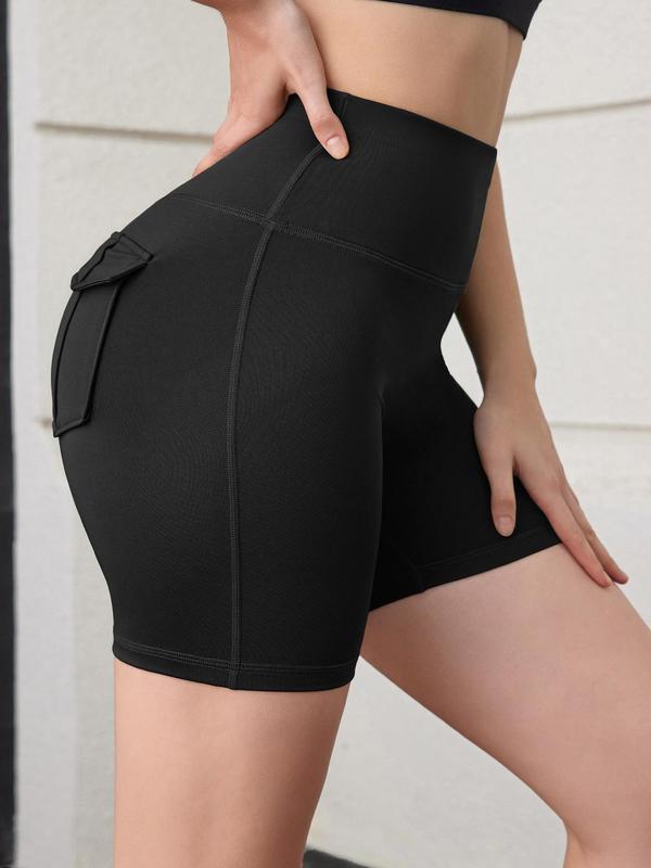 Women's Plain High Waist Flap Pocket Sports Shorts, Gym Shorts, Sporty Casual Comfy Breathable Skinny Shorts for Yoga Gym Workout Running, Gym Shorts, Ladies Sportswear Bottoms