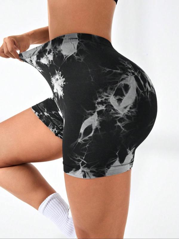 Women's Tie Dye Print Ruched Wide Band Waist Sports Shorts, Gym Shorts, Casual Comfy Breathable High Stretch Skinny Shorts for Yoga Gym Workout Running, Ladies Sportswear