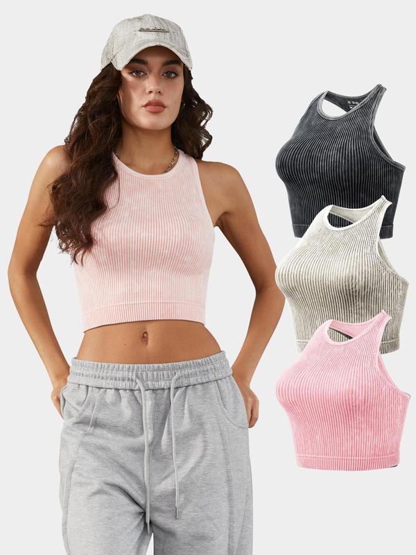 Women's Washed Round Neck Sports Vest, Sporty Racerback Crop Tank Top, Summer Gym Clothes, Ladies Sportswear Clothing for Workout Yoga