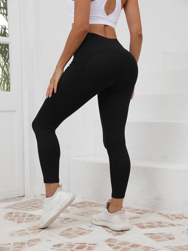 Women's All Over Print & Plain Pocket High Waist Sports Leggings, Sporty Comfy Breathable Skinny Pants for Yoga Gym Workout Running, Ladies Sportswear for All Seasons