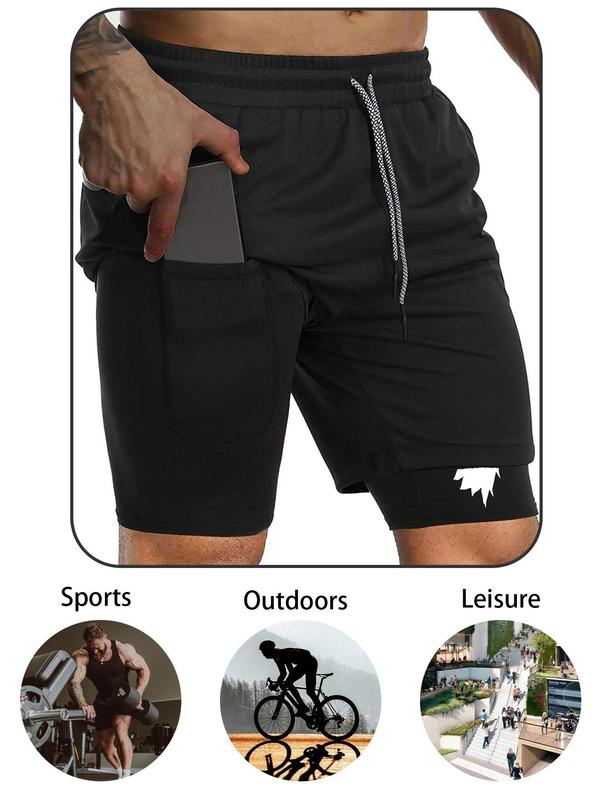 Men's 2 in 1 Letter & Wolf Print Drawstring Waist Pocket Sports Shorts, Gym Shorts, Quick Drying Breathable Elastic Waist Shorts, Summer Sports Bottoms for Gym Workout Running