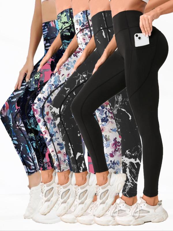 Women's All Over Print & Plain Pocket High Waist Sports Leggings, Sporty Comfy Breathable Skinny Pants for Yoga Gym Workout Running, Ladies Sportswear for All Seasons