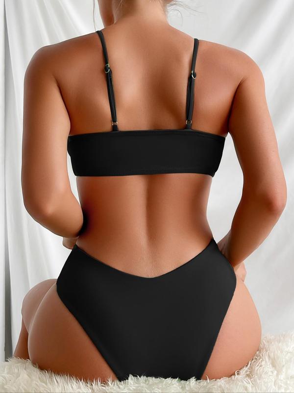 Women's Solid Drawstring Ruched Wrap Bikinis Set, Adjustable Strap Swim Top & High Cut Swim Bottom, Swimsuit for Women, Ladies Swimsuit for Summer Beach Holiday Vacation