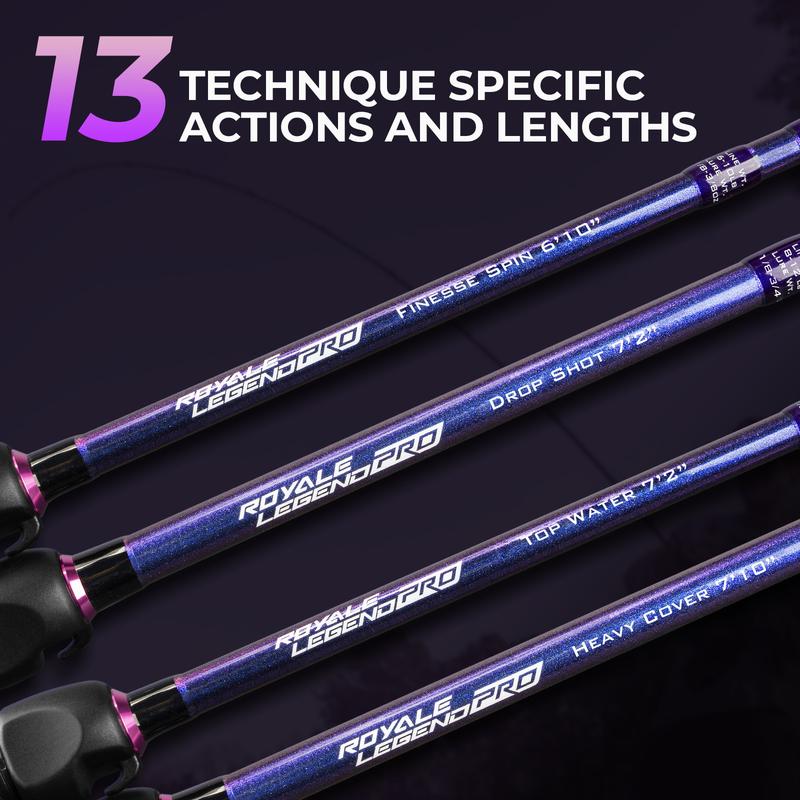 KastKing Royale Legend Pro Technique Bass Fishing Rods, KastFlex IM7 Graphite Blanks, Fuji FazLite Guides, SlipLock Technology Handles, PTS Power Transition System, Custom Foregrip and Hook Keeper